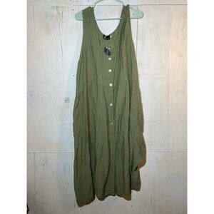 NWT Fenini Green Dress Mother of Pearl Buttons Open  Bottom Ties Lagenlook XL